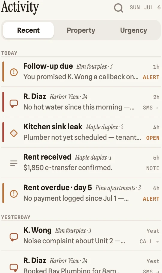 Cropped ResidentInbox activity feed highlighting follow-up reminders, maintenance issues, and rent alerts